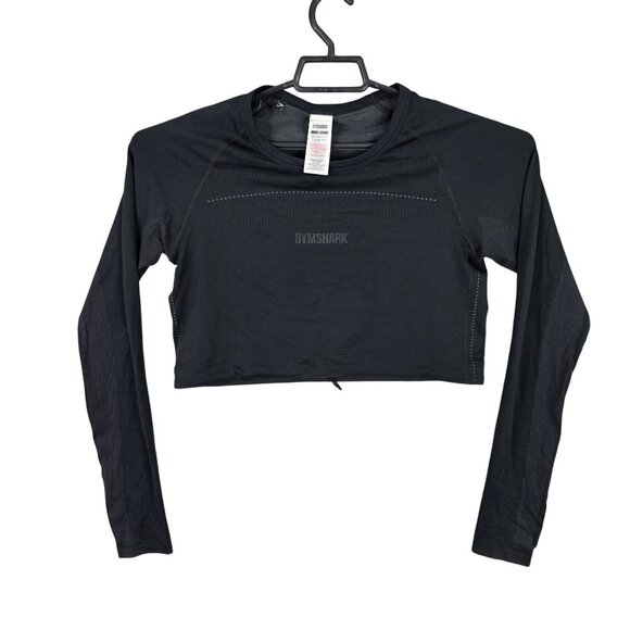 Womens Gymshark Black Training Crop Top Long Sleeve Drawstring Hem Polyester S - Picture 1 of 9